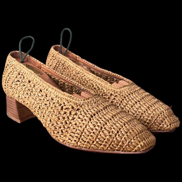 MIISTA Noa Women's Size 41 US 9-9.5 Woven Raffia Pump Stacked Heel Square Toe - Picture 1 of 12